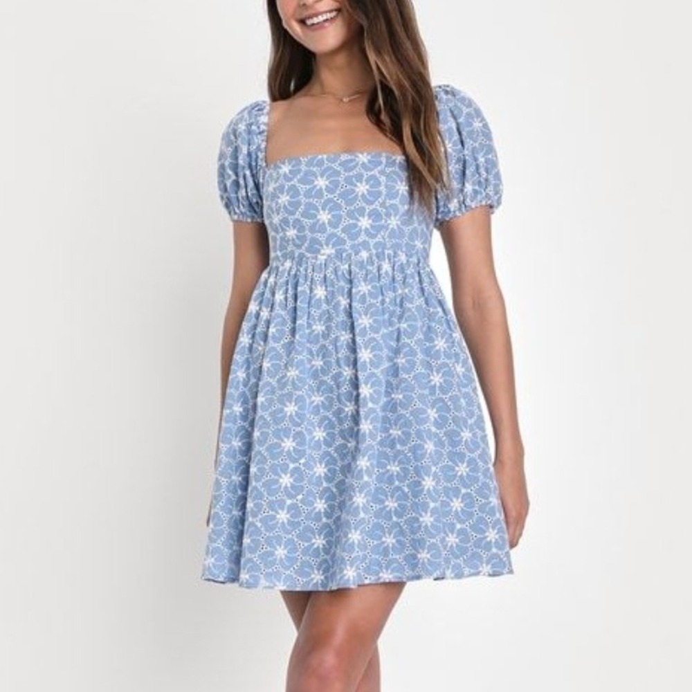 Lulus Fit to Frolic‎ Blue Eyelet Lace Puff Sleeve Babydoll Dress Large
